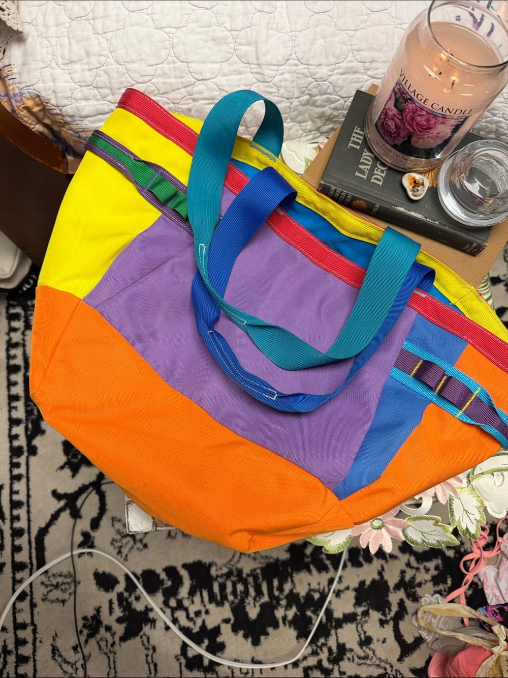 Colorblock Canvas Tote Bag in Orange, Purple, Yellow, Blue